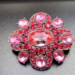 Vintage pink, red, silver tone brooch.